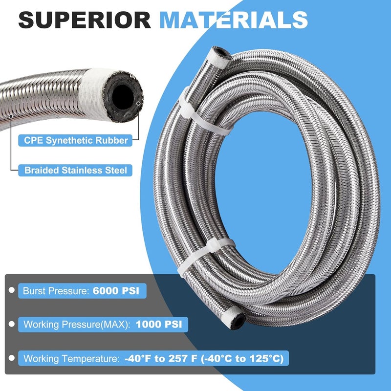 CarBole 10FT Stainless Steel Braided Fuel Line, 5/16" I.D. Diesel Hose Swap EFI PTFE with Fittings for Automotive Fuels Lubricants Coolants - Image 2